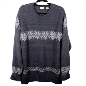 Izod Grey Fair Isle  Nordic Crewneck Long Sleeve Pullover Heavy Knit Sweater